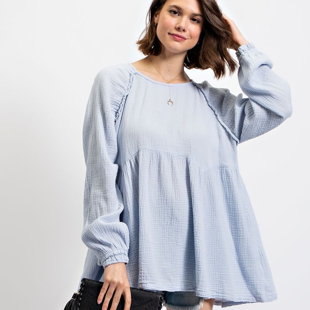 - Easel Light Blue Relaxed Tunic with Boxy Pleated Design